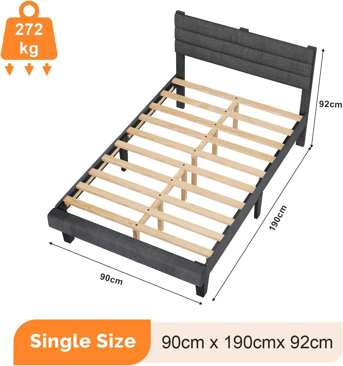 Single Bed Frame, Upholstered Platform Bed with Headboard & under Bed Storage - Sturdy Wooden Slat Support - No Box Spring Needed, Linen-Like Fabric, Light Grey, 90 X 190 Cm