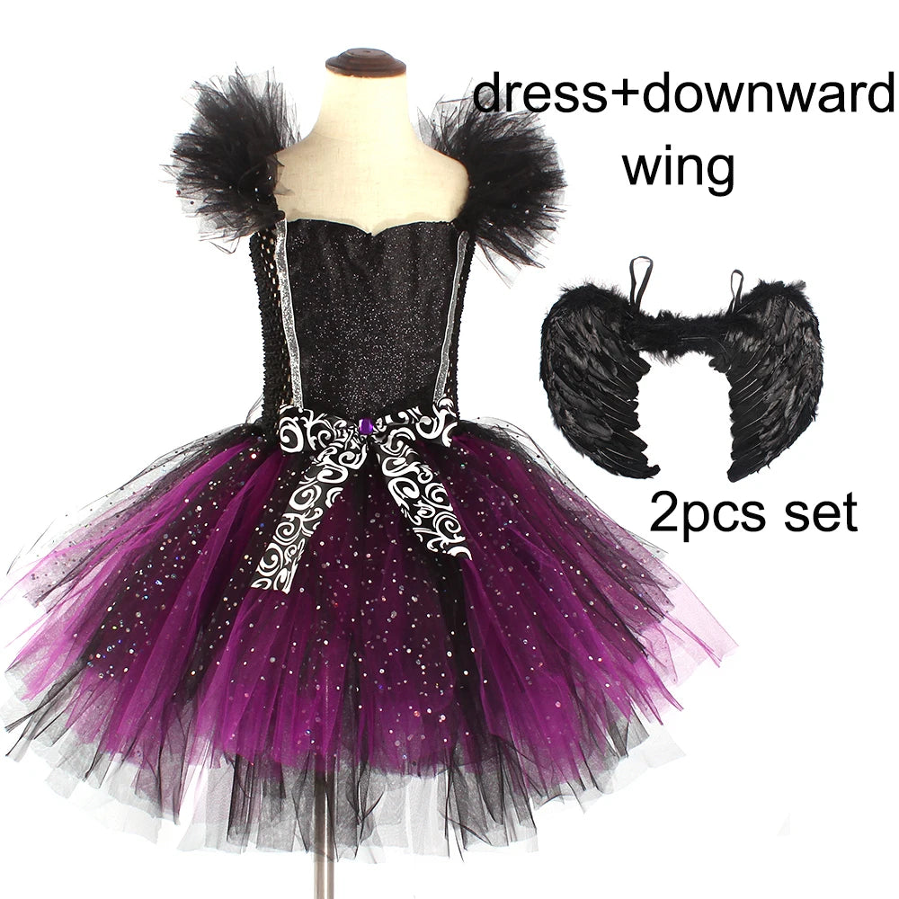Glittery Black & Purple Kids Evil Witch Tutu Dress Girls Dark Fairy Witch Tutu Halloween Cosplay Costume with Horns and Wings