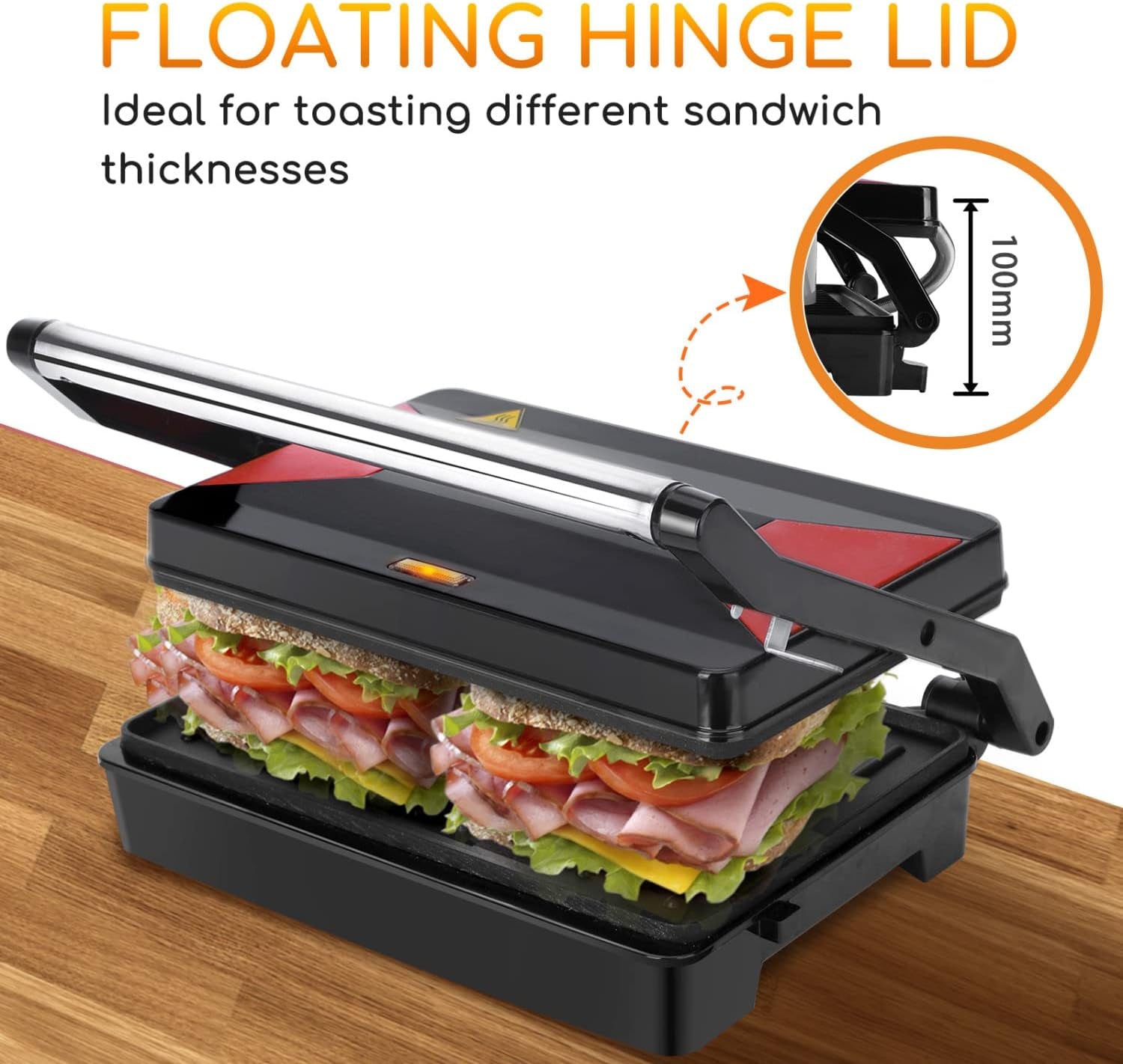 Sandwich Toaster Panini Press, 1000W Deep Fill Toastie Maker, Non-Stick-Coated Aluminium Plates, Indicator Light, Stainless Steel, Black-Larissa