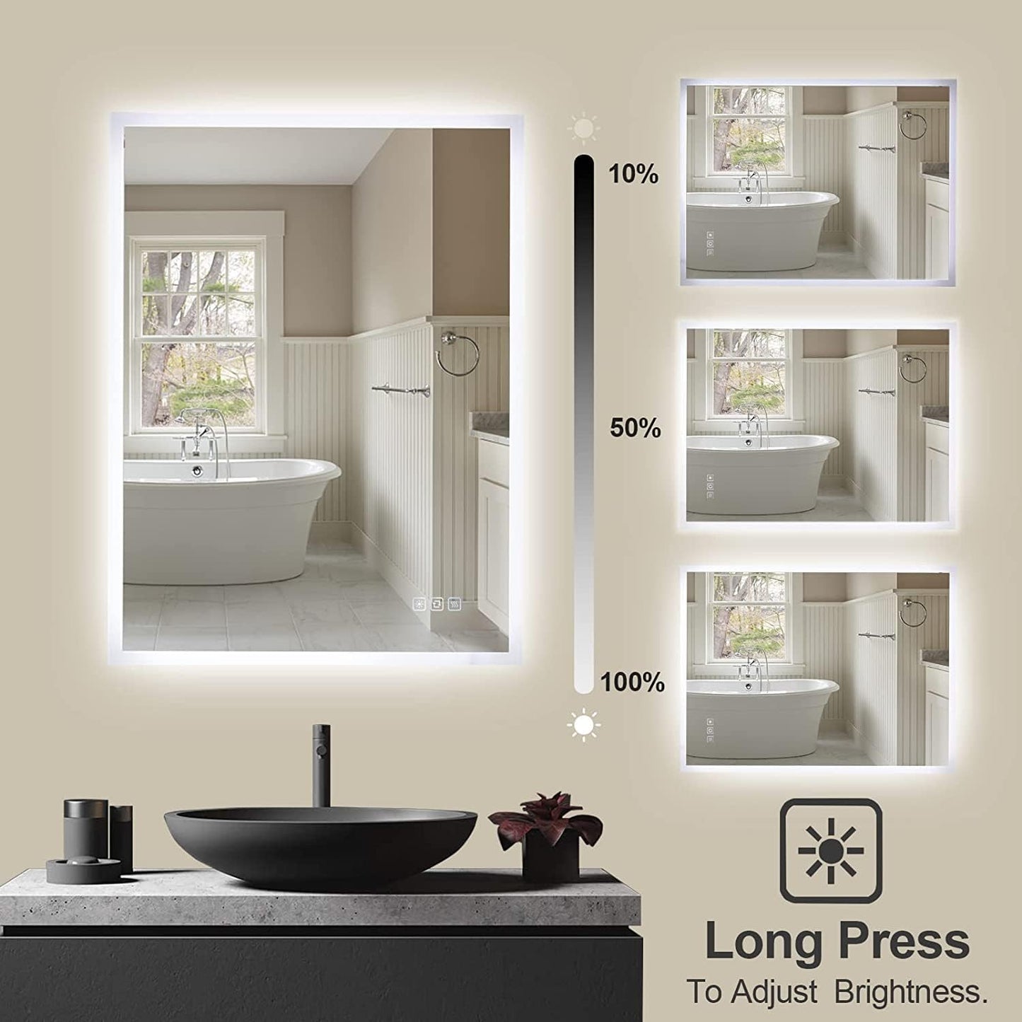 800X600 Mm Backlit Illuminated Bathroom Mirrors, Wall Mounted Multifunction Bathroom Vanity Mirror with LED Lights, Adjustable Light, anti Fog, Memory Dimming Function, Vertical/Horizontal