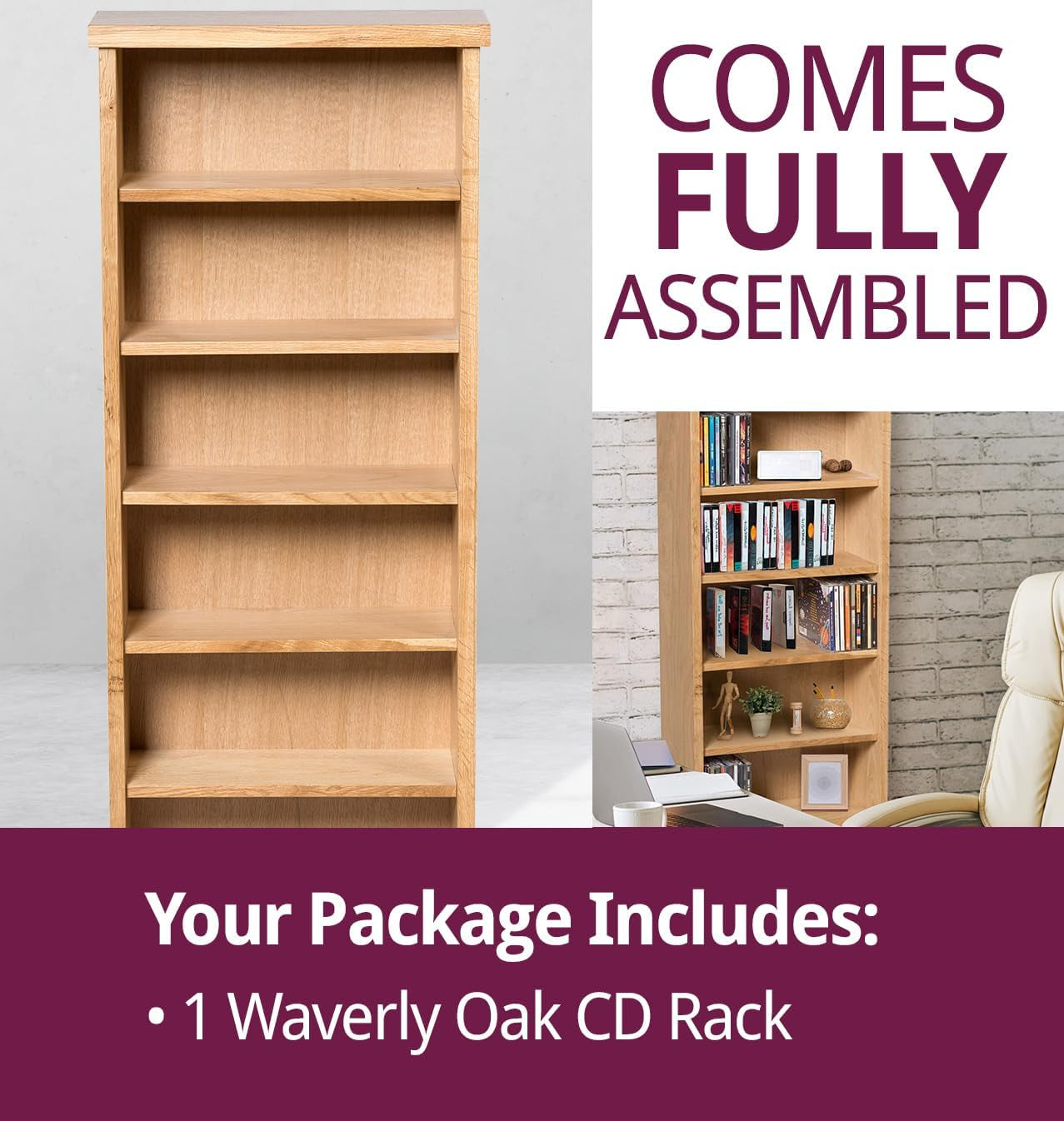 Waverly Oak Dvd Cabinet Wooden Cd Storage with 7-Tier | Solid Wooden Narrow CD Storage Tower, Media Storage Cabinet for Cds or Dvds Light Oak Furniture for Living Room or Bedroom