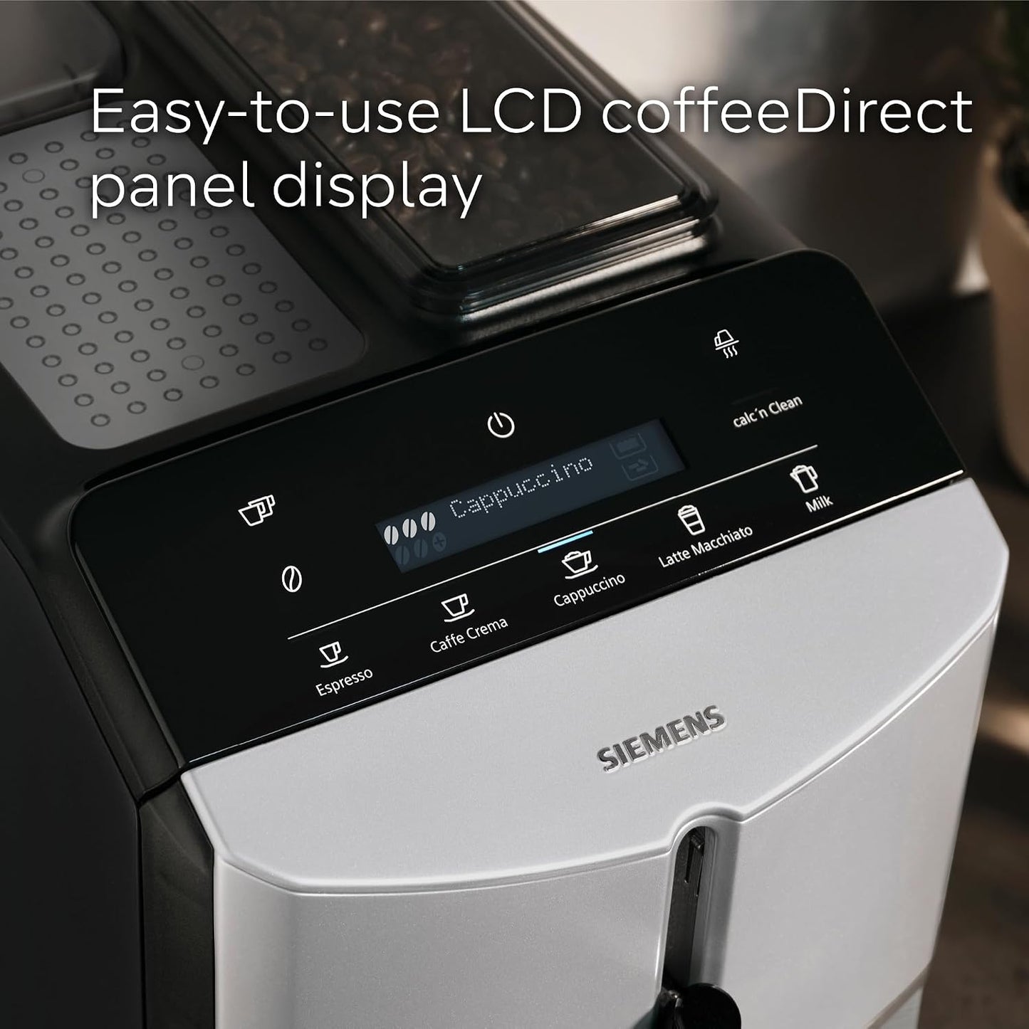 SIEMENS EQ300 Bean to Cup Coffee Machine, TF301G19, Piano Black | Fully Automatic Espresso Machine, Milk Frother Arm, 4 Coffee Beverages Including Cappuccino/Latte, LED Display