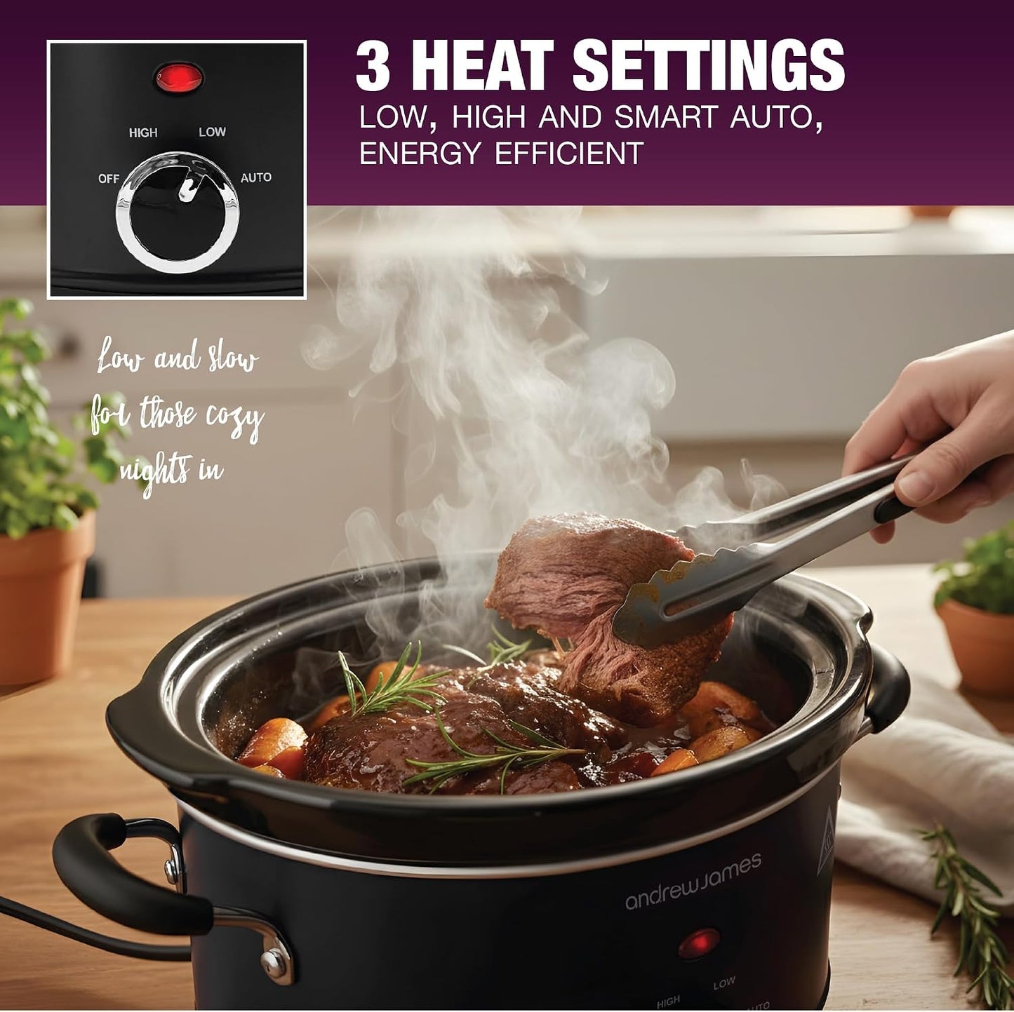 1.5L Slow Cooker - Roast-To-Rest – Compact Small Slow Cooker for 1–2 People with Oven-Proof Ceramic Pot, Easy-Clean Design, 3 Heat Settings & Glass Lid