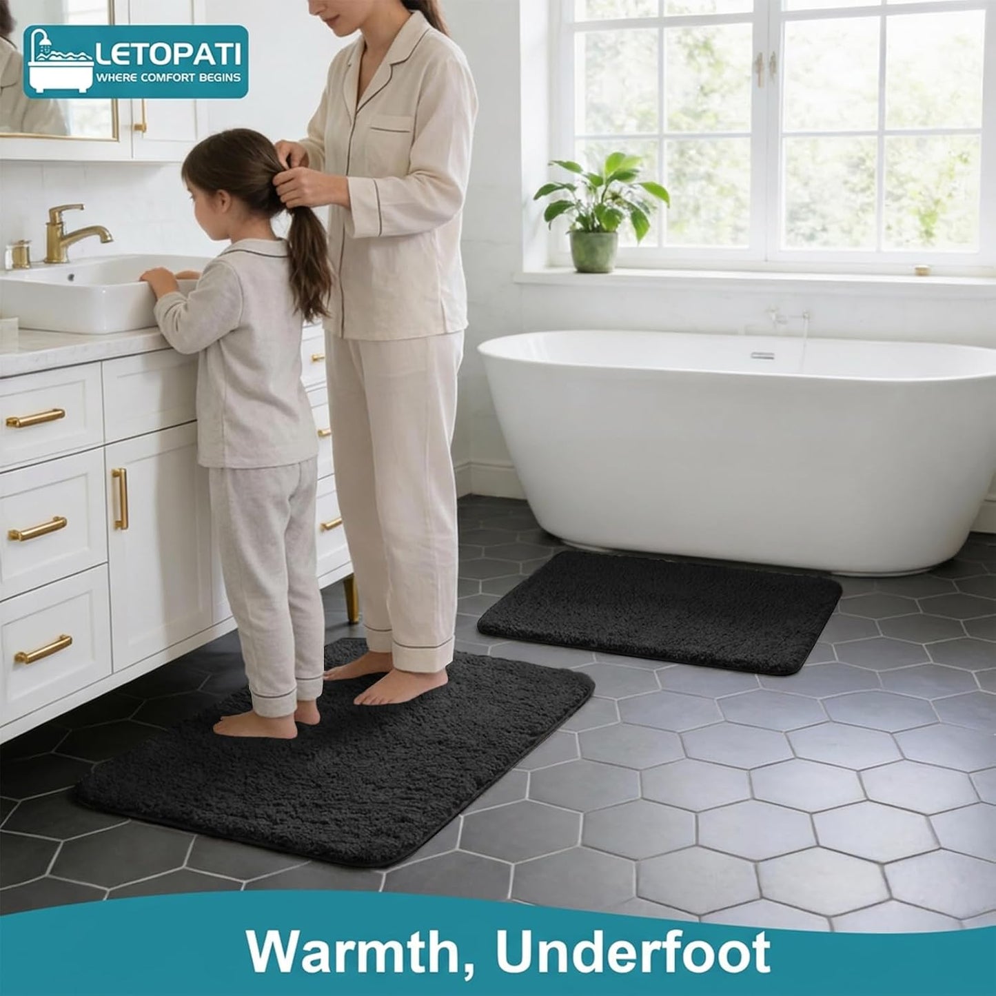 Bath Mat Sets 3 Piece, Non Slip Rubber Backing Bath Mats for Bathroom Floor, Extra Soft Microfiber Bathroom Mat and Toilet Mat, Absorbent Washable Bath Rug Sets,Black