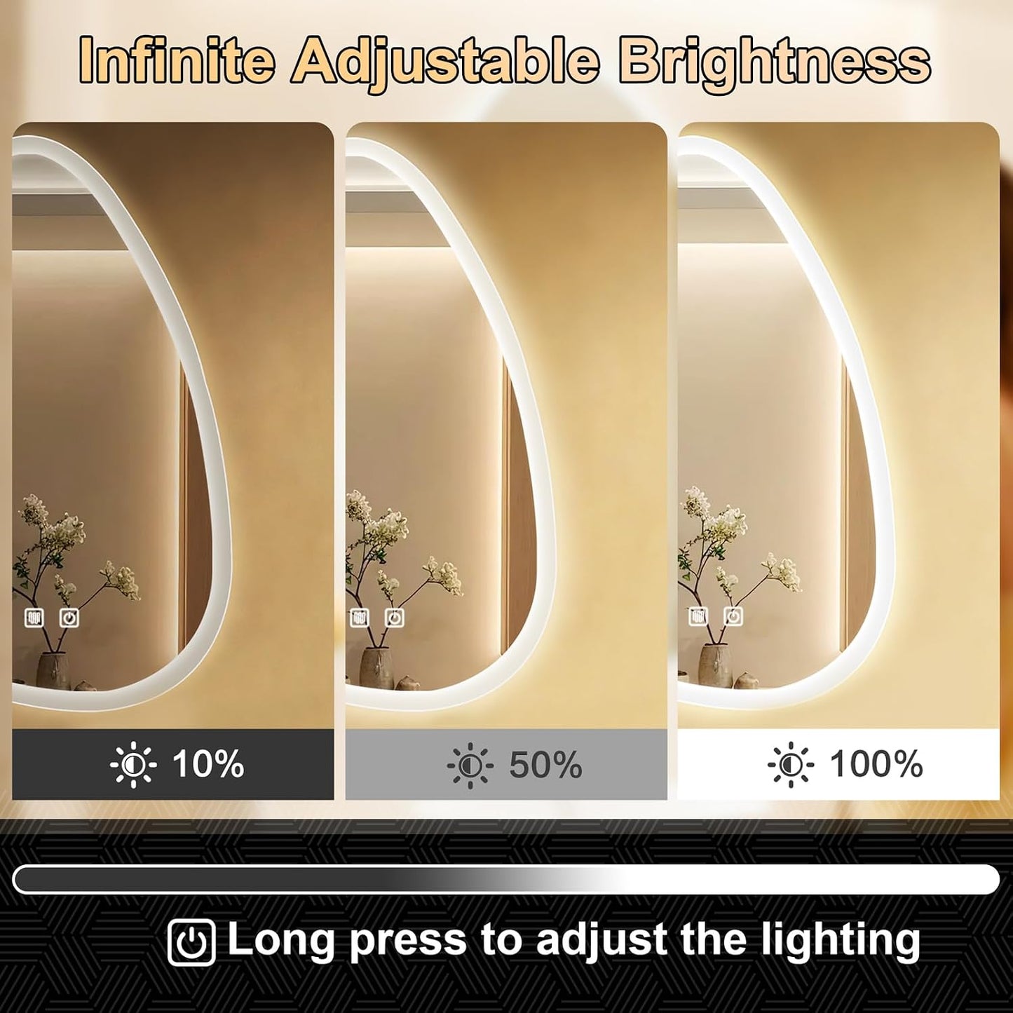 Bathroom Mirror with LED Lights, 500×700Mm Electric Vanity Mirror with Backlit Lights, Anti-Fog, Asymmetrical, Wall Mounted Dimmable 3 Color Lighting, IP54, Vertically Only