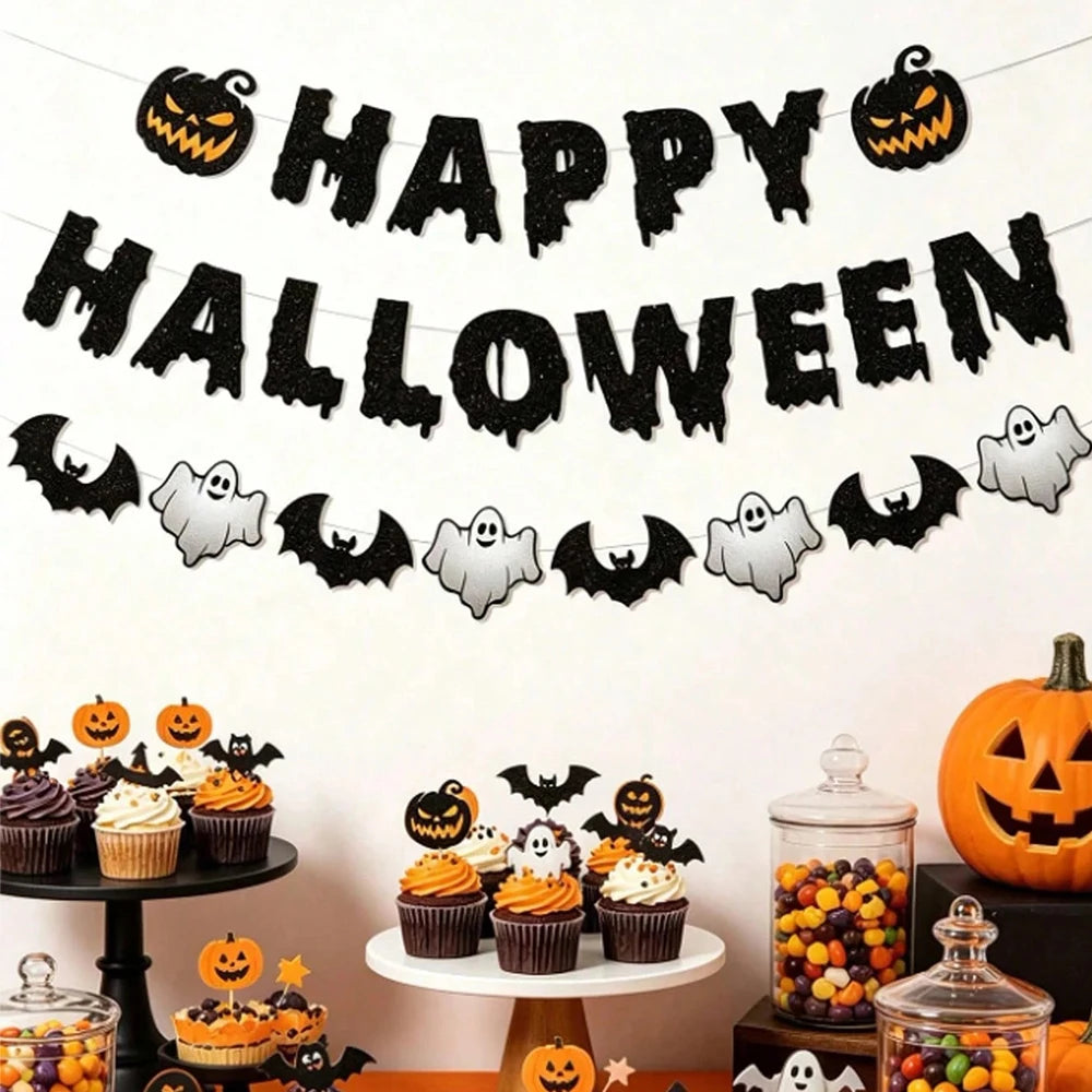 Happy Halloween Banner Garland Black Bat Ghost Pumpkin Bunting for Fireplace Wall Home Party Mantel Decor Supplies