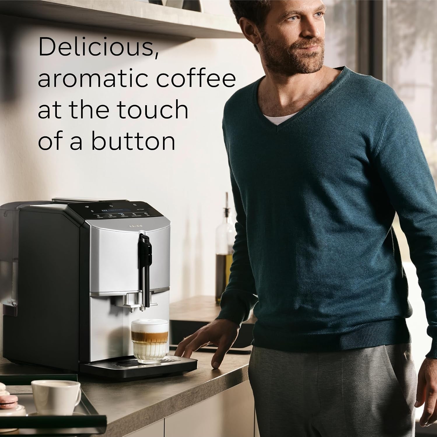 SIEMENS EQ300 Bean to Cup Coffee Machine, TF301G19, Piano Black | Fully Automatic Espresso Machine, Milk Frother Arm, 4 Coffee Beverages Including Cappuccino/Latte, LED Display
