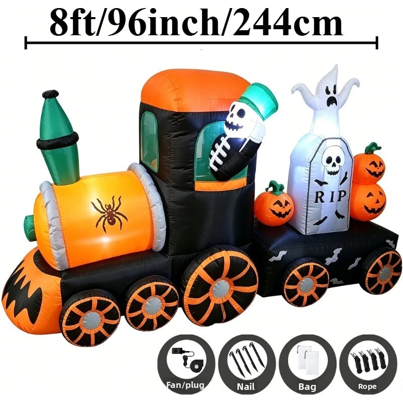 8 FT Long Halloween Inflatable Skeleton on Train Ghost Tombstone Pumpkins LED Lights Outdoor Indoor Blow up Lighted Yard Decor