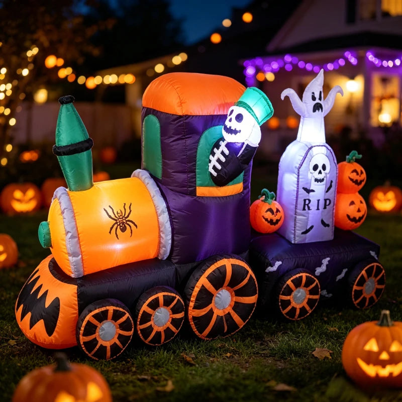 8 FT Long Halloween Inflatable Skeleton on Train Ghost Tombstone Pumpkins LED Lights Outdoor Indoor Blow up Lighted Yard Decor