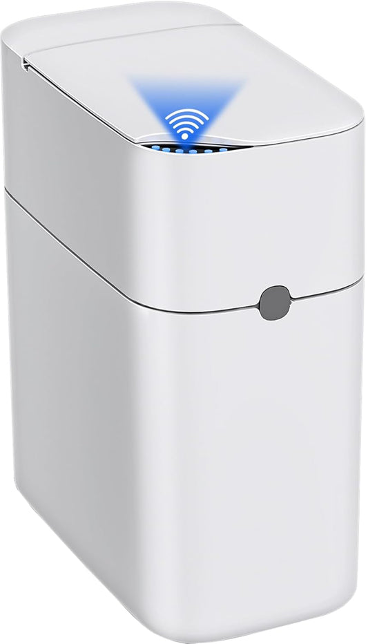Touchless Automatic Bathroom Trash Can with Lid - 3 Gallon Slim Motion Sensor Garbage Can for Bedroom, Kitchen, Office - White (6" W X 11" L X 13" H)