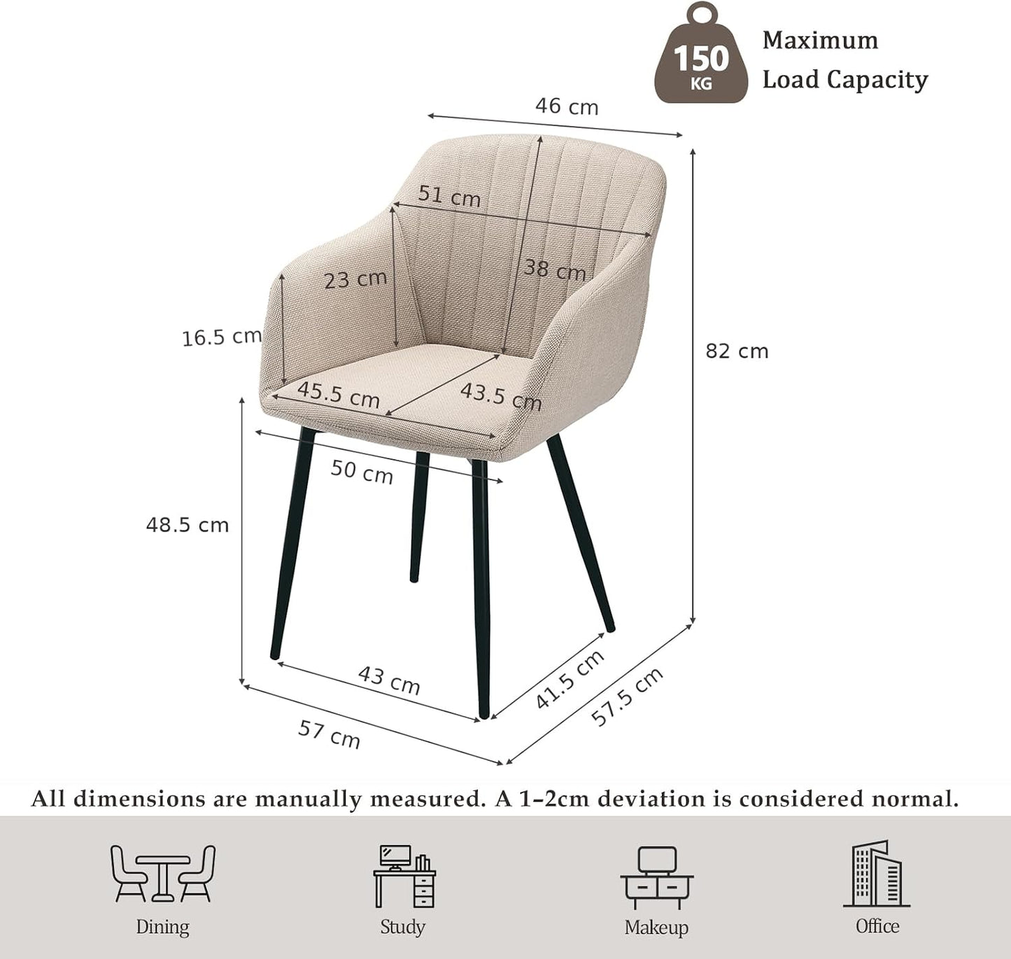 Dining Chairs Set of 2 Polyester Armchair for Living Room with Metal Legs Kitchen Chairs, Beige