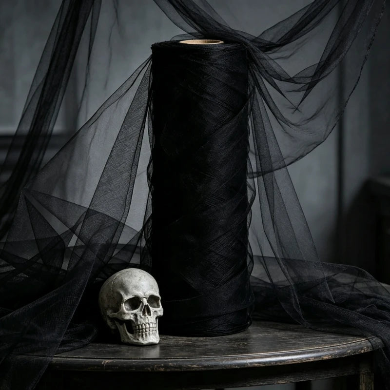 50M Overlength Large Black Sheer Tulle - Halloween Spooky Party Decor, Elegant Burgundy Door Curtain Yarn, Wall & Table Decor
