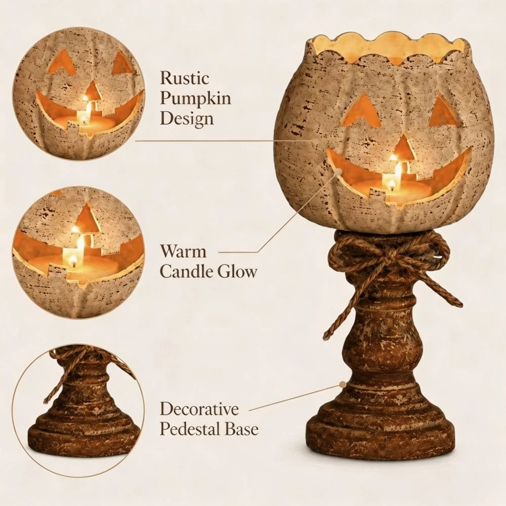 Halloween Pumpkin Candle Holder, Rustic Jack O Lantern Candlestick Tabletop Decor for Fall Harvest Party