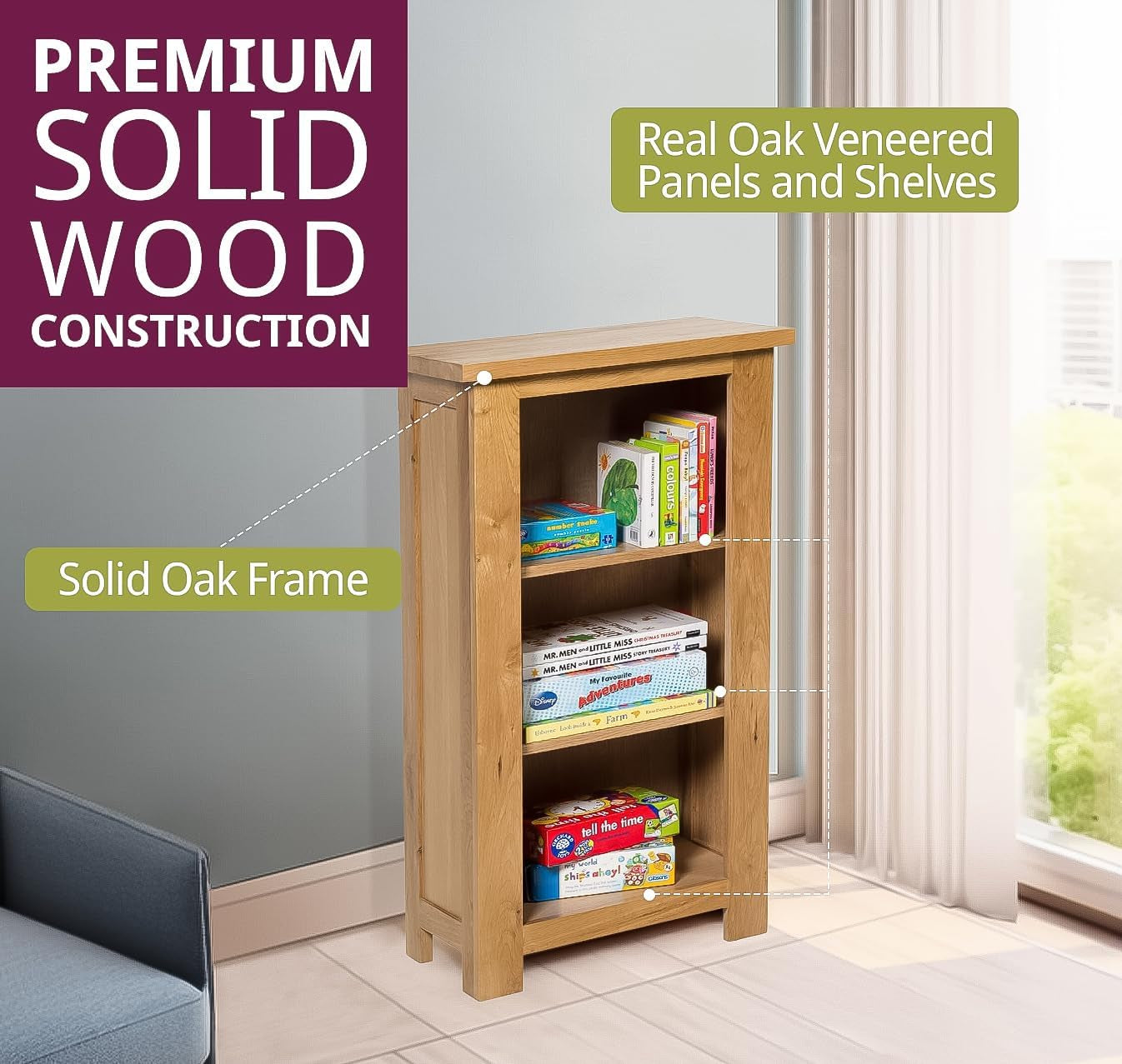 Waverly Solid Wooden Oak Bookcase, Solid Oak Furniture | Narrow Book Shelf with 2 Adjustable Shelves, Light Oak Low Bookshelf, Small Shelf Unit for Bedroom, Home Office, Living Room