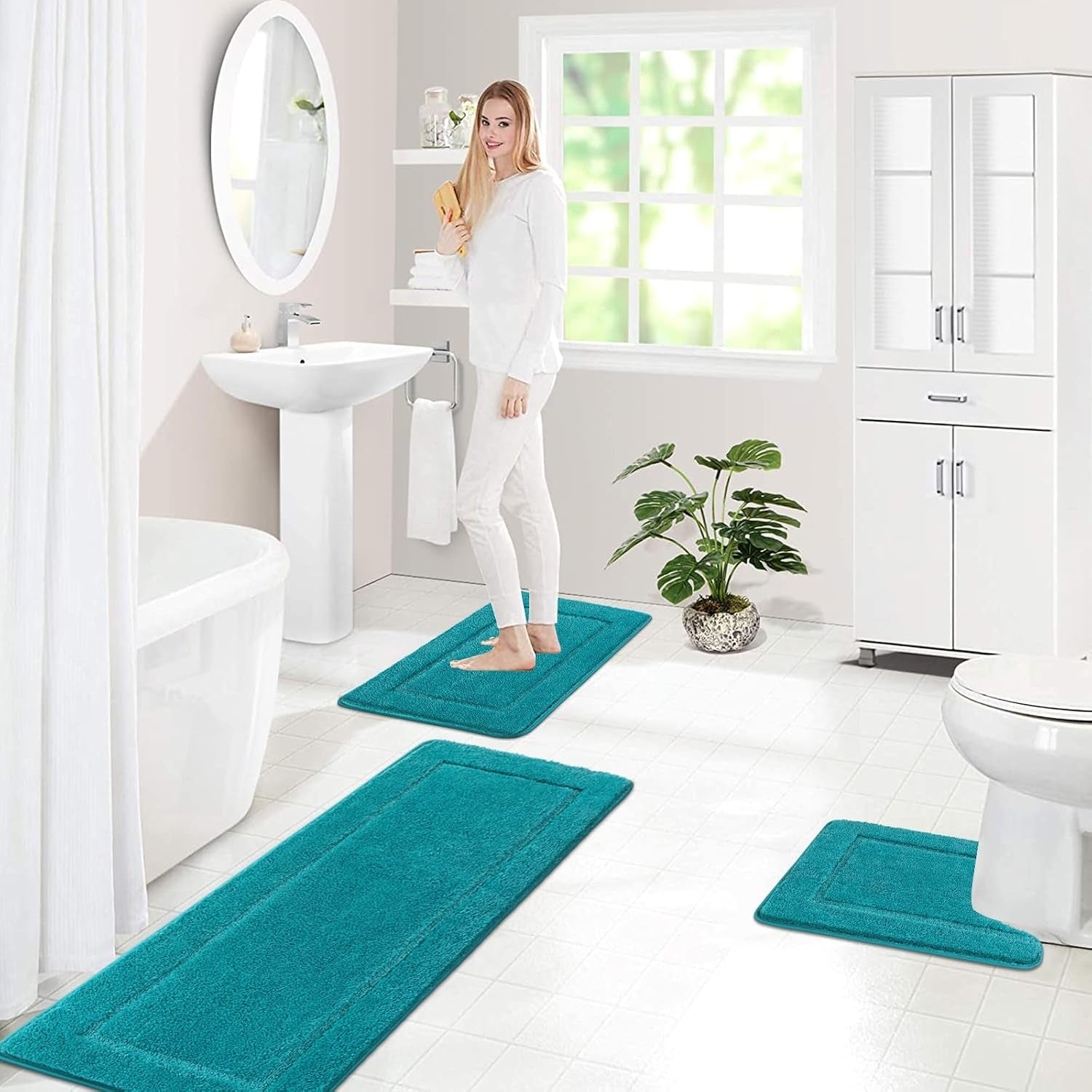 Non Slip Bath Mat Set 3 Piece Shaggy Microfiber Machine Washable Bath Mats with Toilet Rug Absorbent Soft Shower Rug for Bathroom, Turquoise