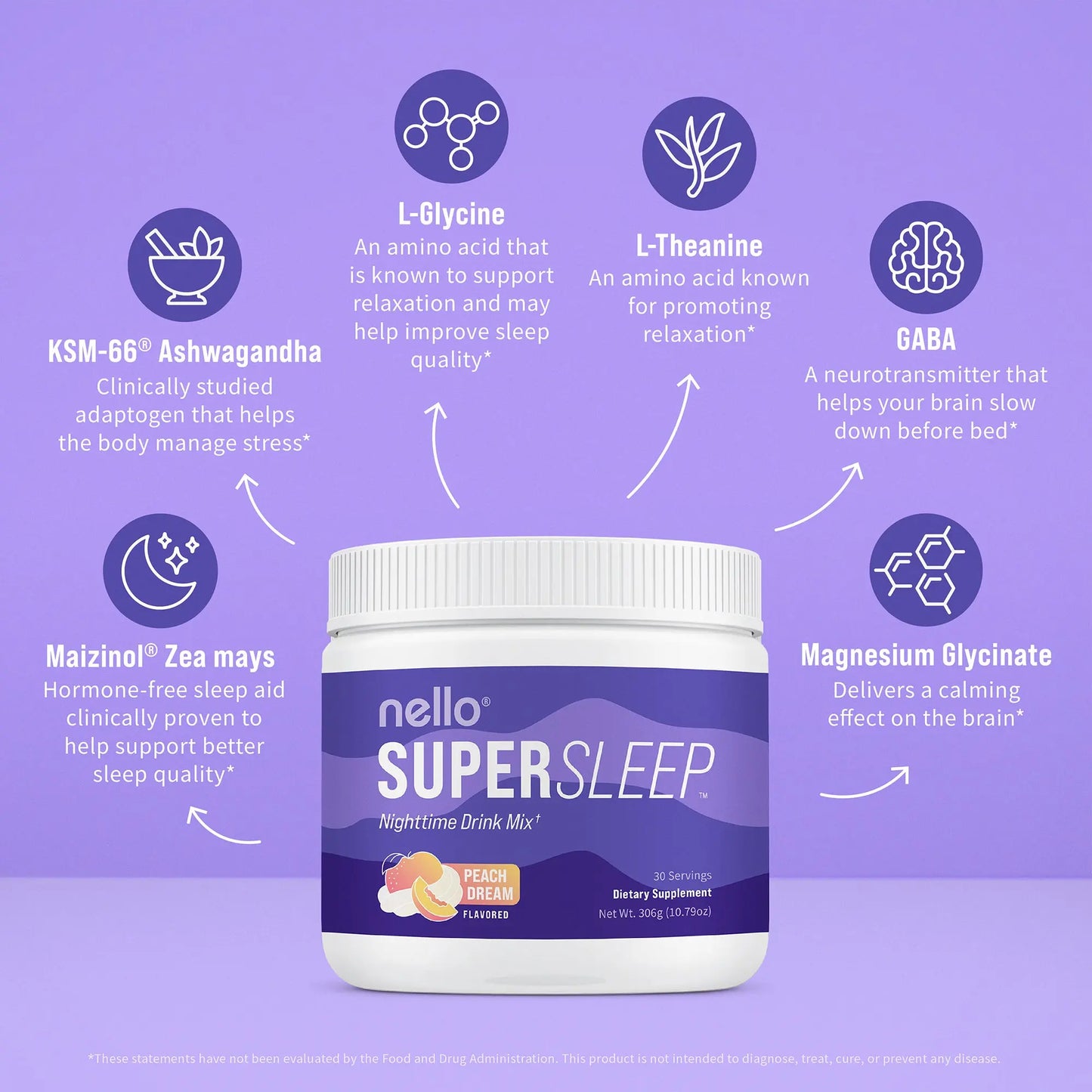 Nello Supersleep Nighttime Sleep Support Drink Mix, 30 Serving Tub, KSM-66 Ashwagandha, Maizinol, L-Glycine, Magnesium Glycinate, Melatonin-Free