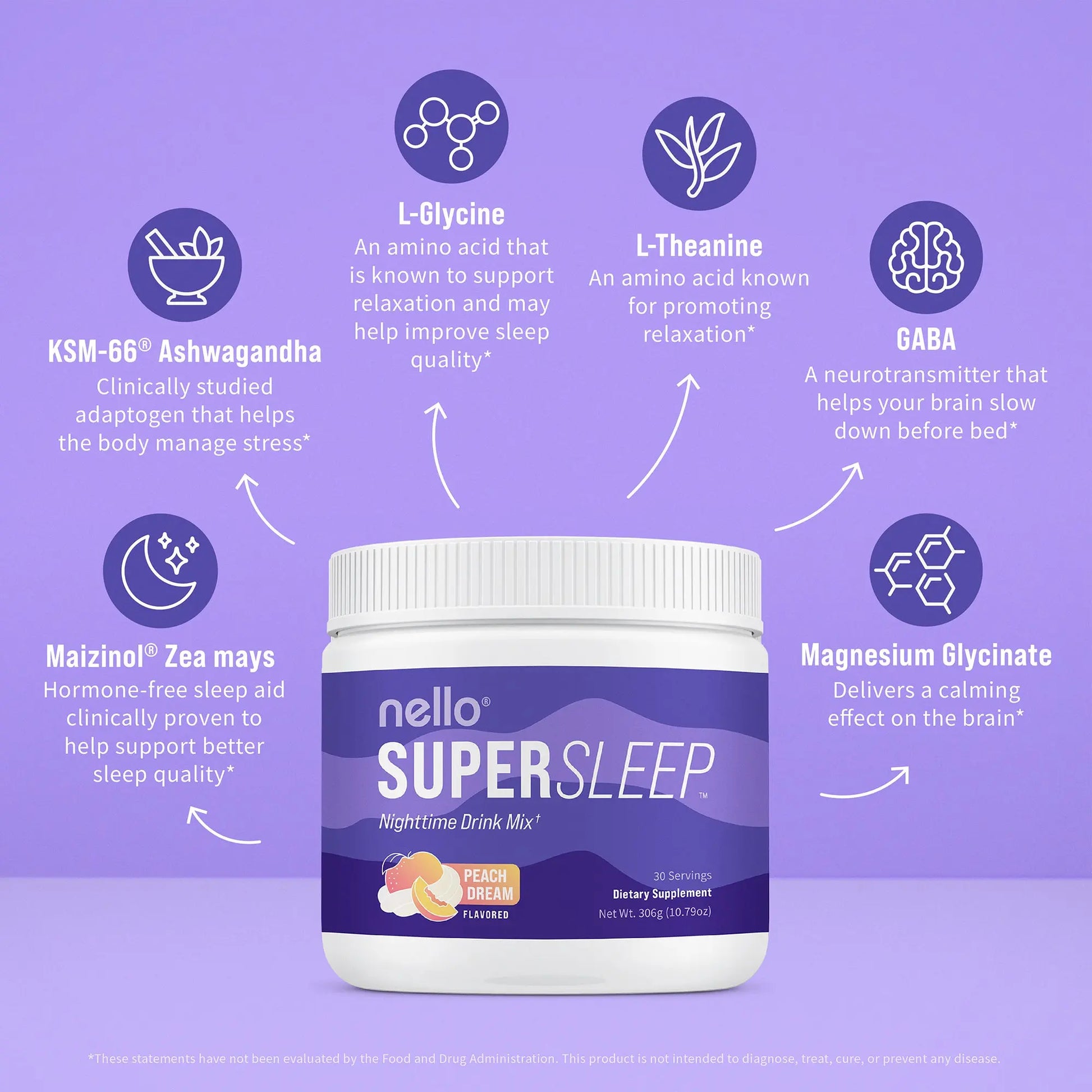 Nello Supersleep Nighttime Sleep Support Drink Mix, 30 Serving Tub, KSM-66 Ashwagandha, Maizinol, L-Glycine, Magnesium Glycinate, Melatonin-Free