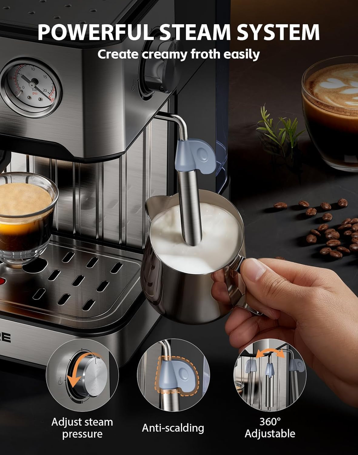 Espresso Machine, 20 Bar, 1.6L, Stainless Steel Coffee Machines | Milk Frother, Removable Water Tank, Warm Cup Area, Memory Function, Latte Machine, Espresso & Cappuccino Machines for Home