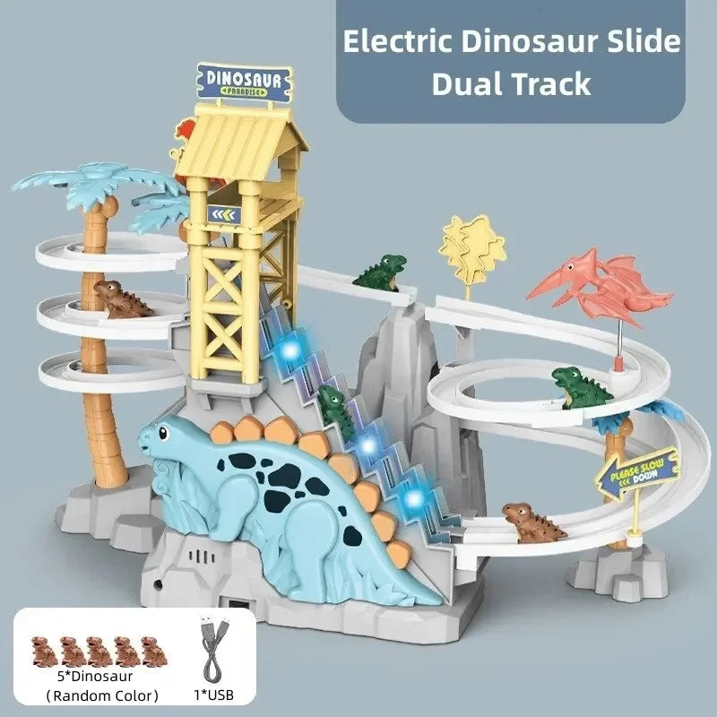 Electric Double Track Dinosaur Car Slide Climbing Stairs Adventure Dinosaur Railcar Toy Music Educational Toy for Children Gift