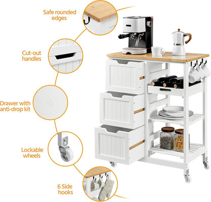 Kitchen Storage Trolley on Wheels, Rolling Kitchen Island Cart with 3 Drawers and 3 Shelves, Mobile Storage Sevring Trolley Cart for Dining Room, Bathroom, Laundry, Living Room, White