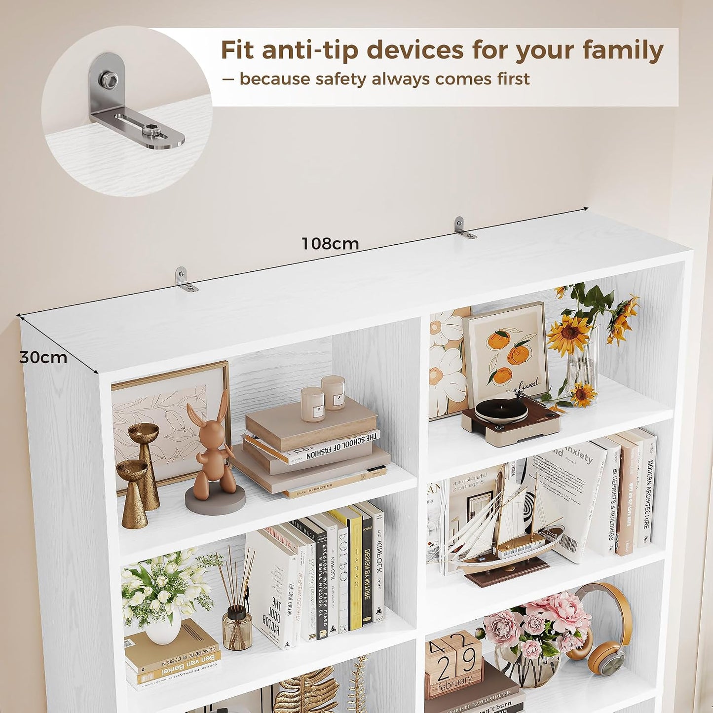 Bookcase with Doors, 180Cm Tall Bookshelf, 6 Tier Living Room Bookcases, 8 Open Compartments, Free Standing Display Shelf, Wooden Shelving Storage Unit for Home Office 108×30×180Cm (White)