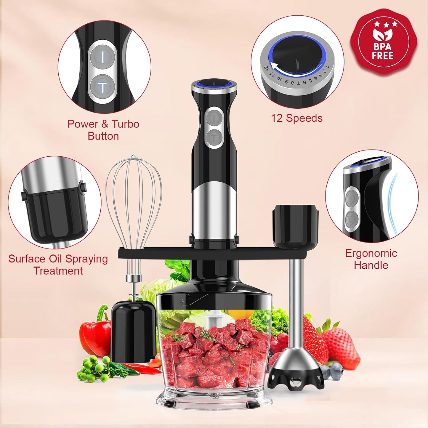 Electric Stick Hand Blender Handheld - 1100W 5-In-1 Immersion Stick Blenders for Kitchen Soup with 12 Speed, Turbo Boost, Chopper, Beaker, Whisk and Milk Frother for Milkshake Puree Smoothie Baby Food