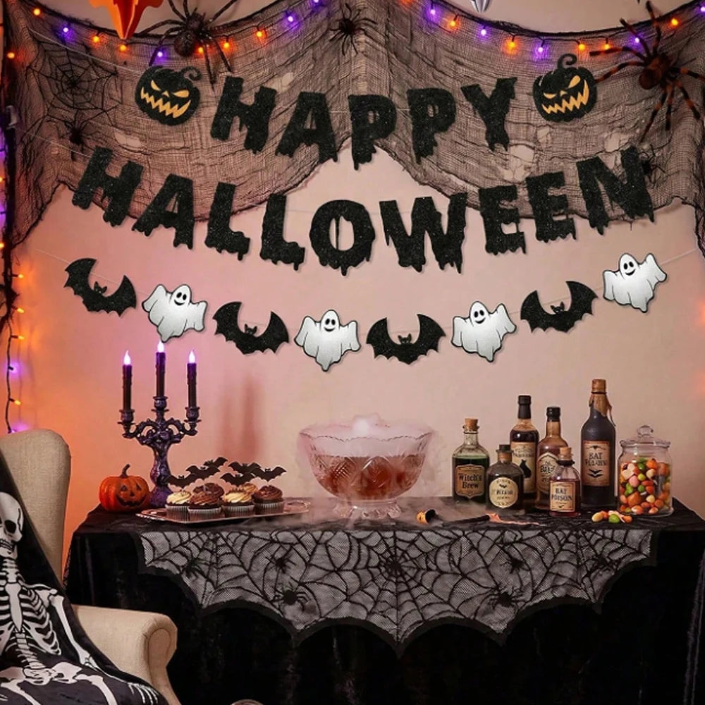 Happy Halloween Banner Garland Black Bat Ghost Pumpkin Bunting for Fireplace Wall Home Party Mantel Decor Supplies