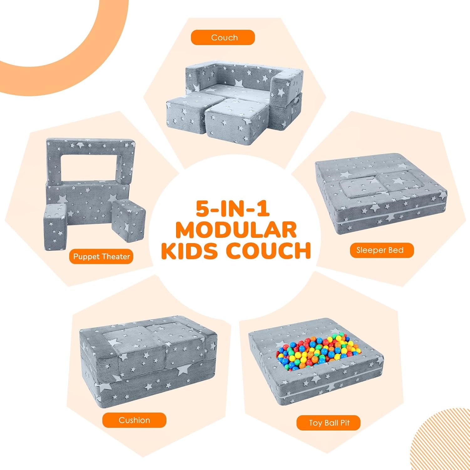 Kids Sofa Bed, Modular Toddler Couch, Glow in the Dark Stars Kids Chair Lounger Fold Out, Baby Mini Couch Bedroom Furniture for Playroom, Grey Star