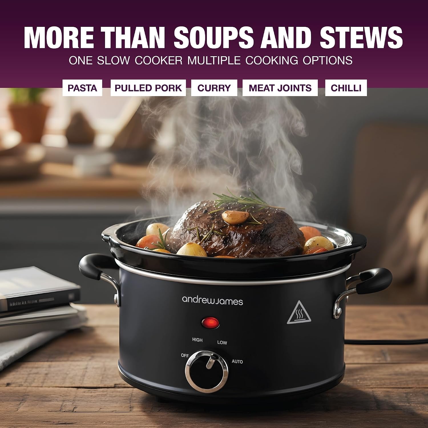 1.5L Slow Cooker - Roast-To-Rest – Compact Small Slow Cooker for 1–2 People with Oven-Proof Ceramic Pot, Easy-Clean Design, 3 Heat Settings & Glass Lid