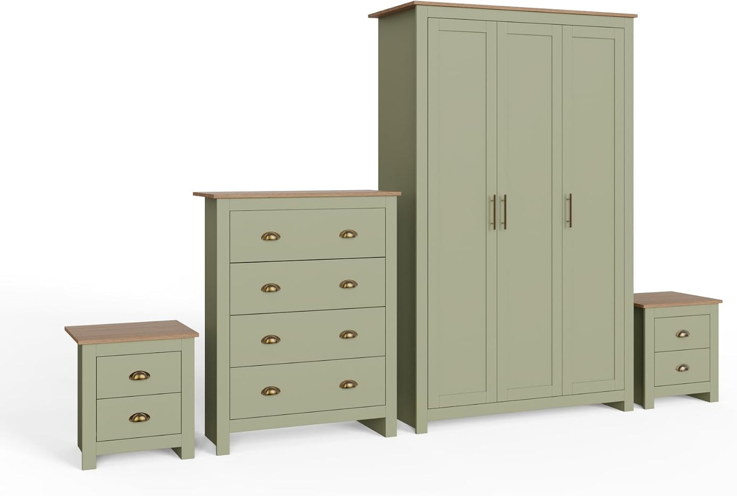 4 Piece Bedroom Furniture Set with 3 Door Wardrobe, 4 Drawer Chest & 2 Bedside Tables, Shaker Style Bedroom Storage Set with Oak Effect Tops
