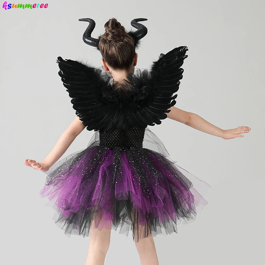 Glittery Black & Purple Kids Evil Witch Tutu Dress Girls Dark Fairy Witch Tutu Halloween Cosplay Costume with Horns and Wings