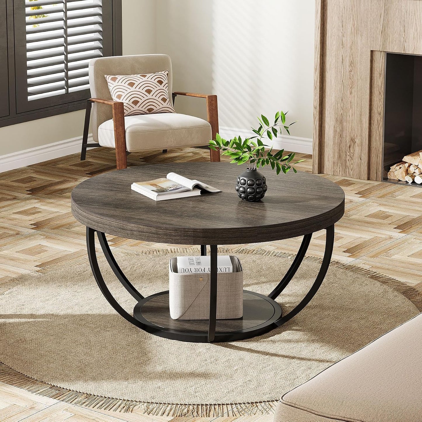 round Coffee Table, 31.7 Inches, 2-Tier Circular Wooden Side Table with Storage Shelves, Modern Living Room End Table, Grey