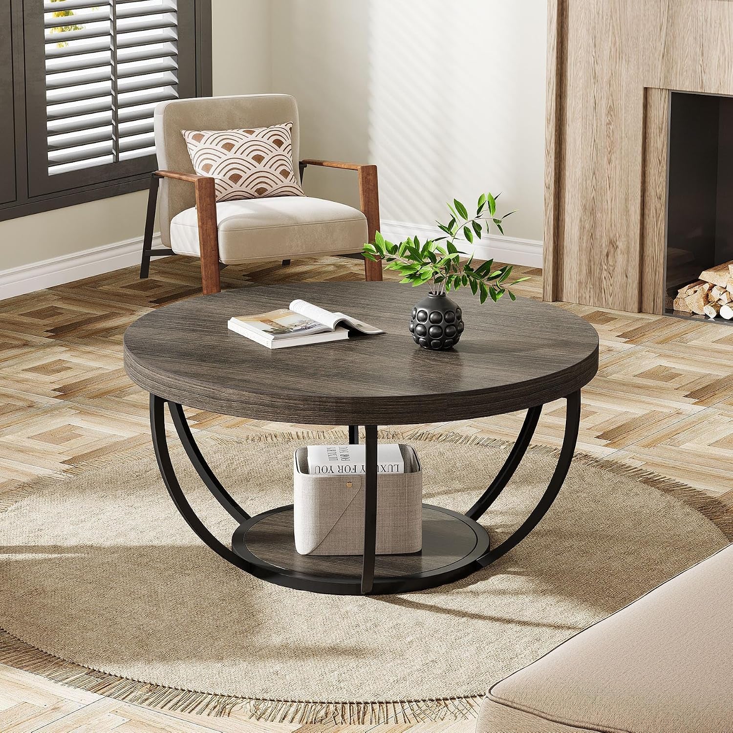 round Coffee Table, 31.7 Inches, 2-Tier Circular Wooden Side Table with Storage Shelves, Modern Living Room End Table, Grey