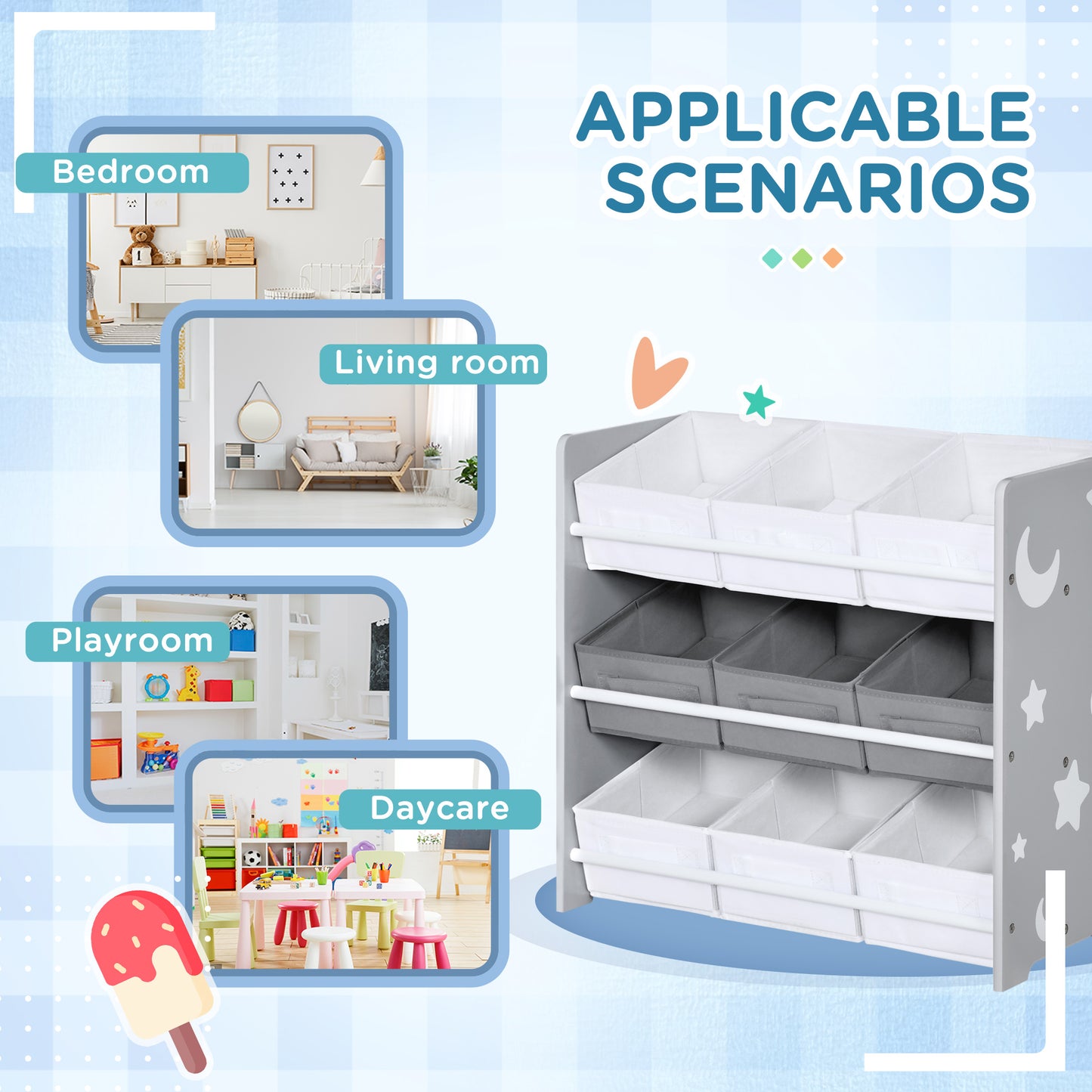 Kids Storage Unit W/ Nine Removable Baskets, for Nursery, Playroom