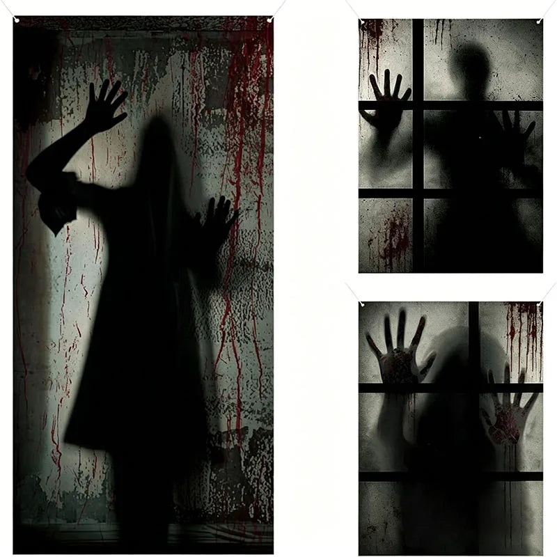 3PCS Halloween Window Door Cover Decor Set - Scary Fabric Clings, Halloween Curtain Window Banner Horror Ghosts Hanging Backdrop