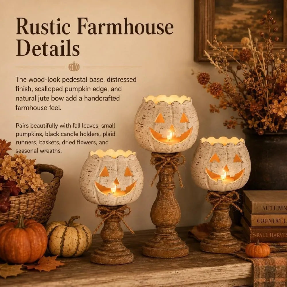 Halloween Pumpkin Candle Holder, Rustic Jack O Lantern Candlestick Tabletop Decor for Fall Harvest Party