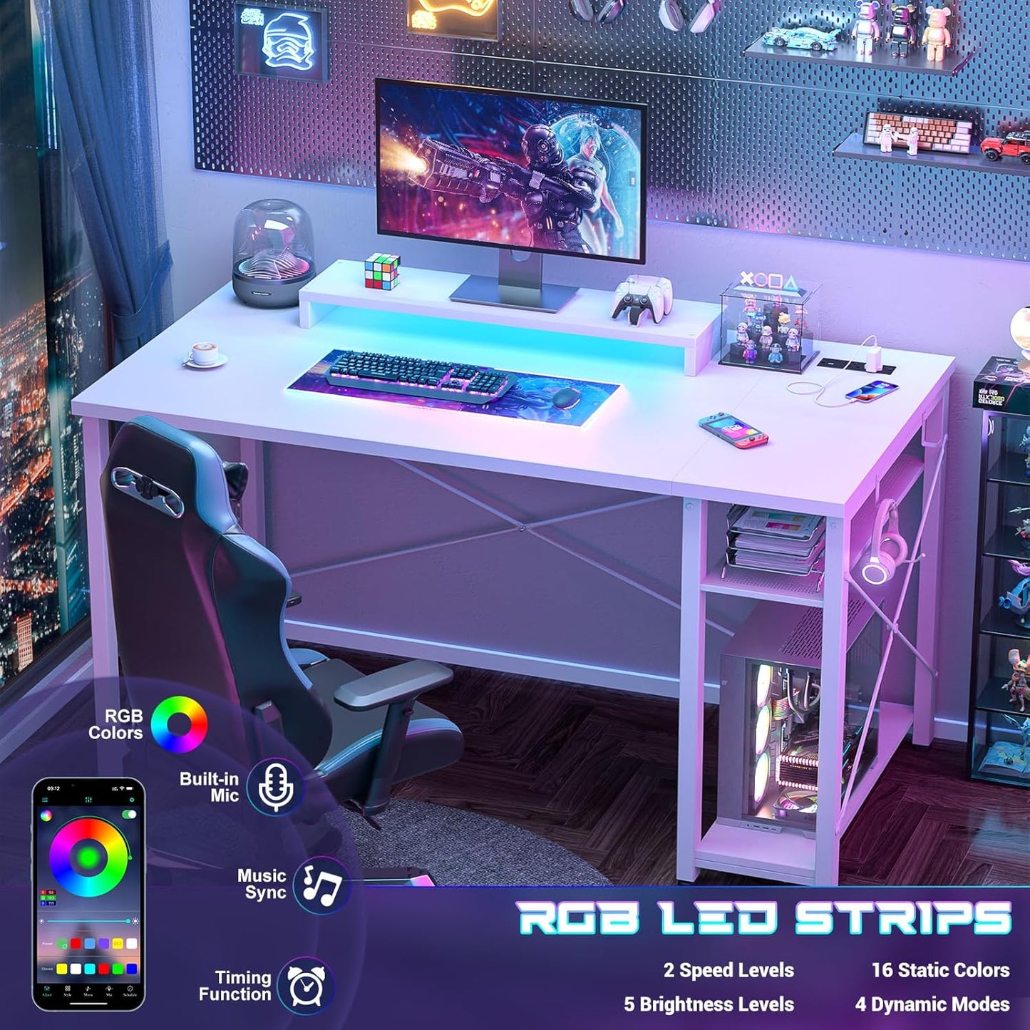 Gaming Desk with LED Lights & Power Outlet, Reversible Computer Desk with Moveable Monitor Stand, 100X75X50Cm Office Desk with USB Charging Station for Home, Bedroom, Study, White