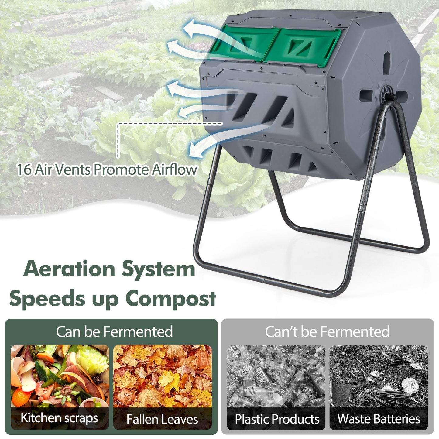 Compost Bin 160L Dual Chamber Composting Tumbler with Sliding Doors