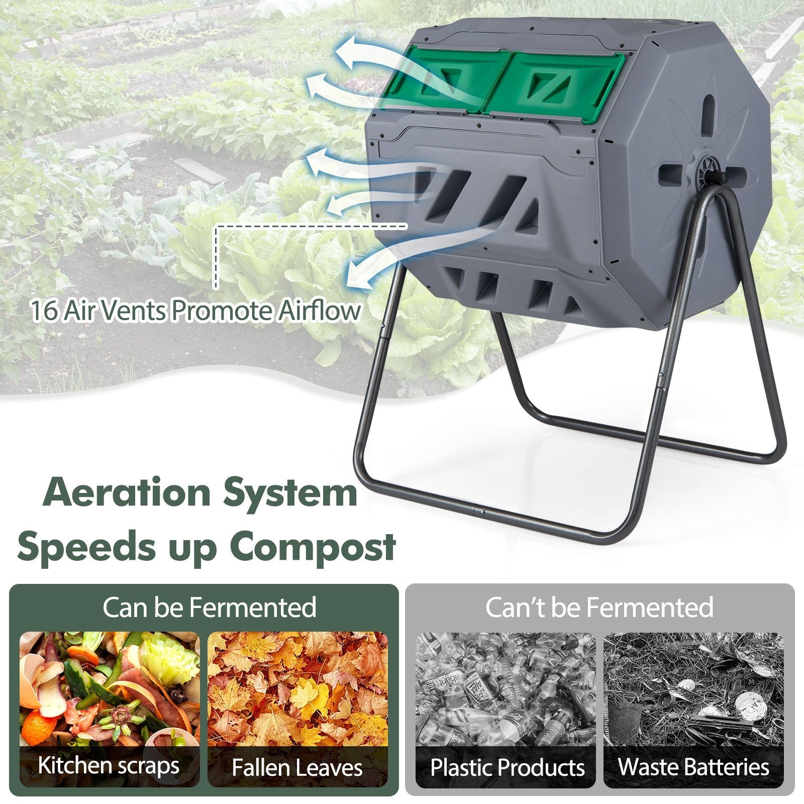 Compost Bin 160L Dual Chamber Composting Tumbler with Sliding Doors