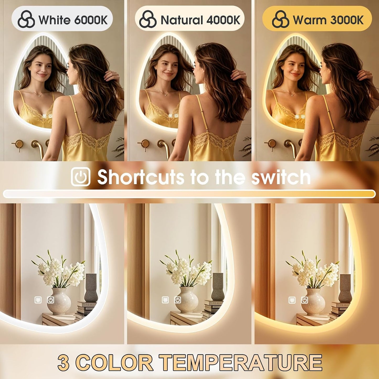 Bathroom Mirror with LED Lights, 500×700Mm Electric Vanity Mirror with Backlit Lights, Anti-Fog, Asymmetrical, Wall Mounted Dimmable 3 Color Lighting, IP54, Vertically Only