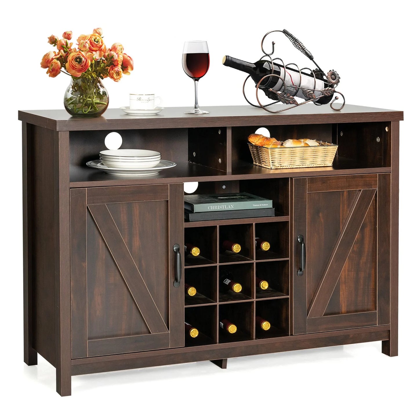 Buffet Storage Cabinet with Detachable 9-Bottle Wine Rack and 2 Door Cabinets