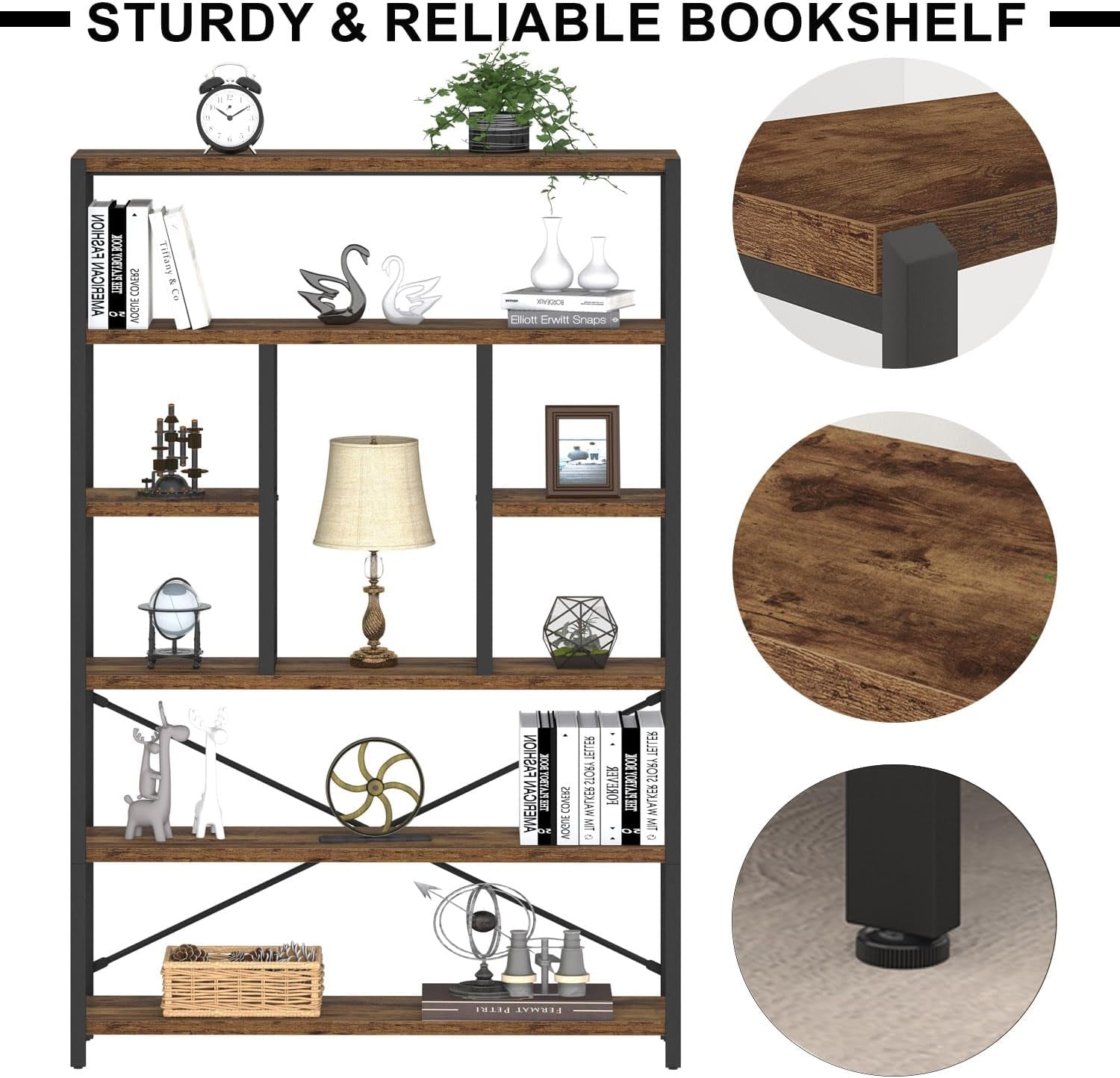Rustic Bookcase and Bookshelf, Metal Wood 6 Tier Book Shelf, Industrial Vertical Display Etagere Book Case 6 Shelf, Vintage Large Book Shelves for Bedroom Living Room, Brown, 180 CM