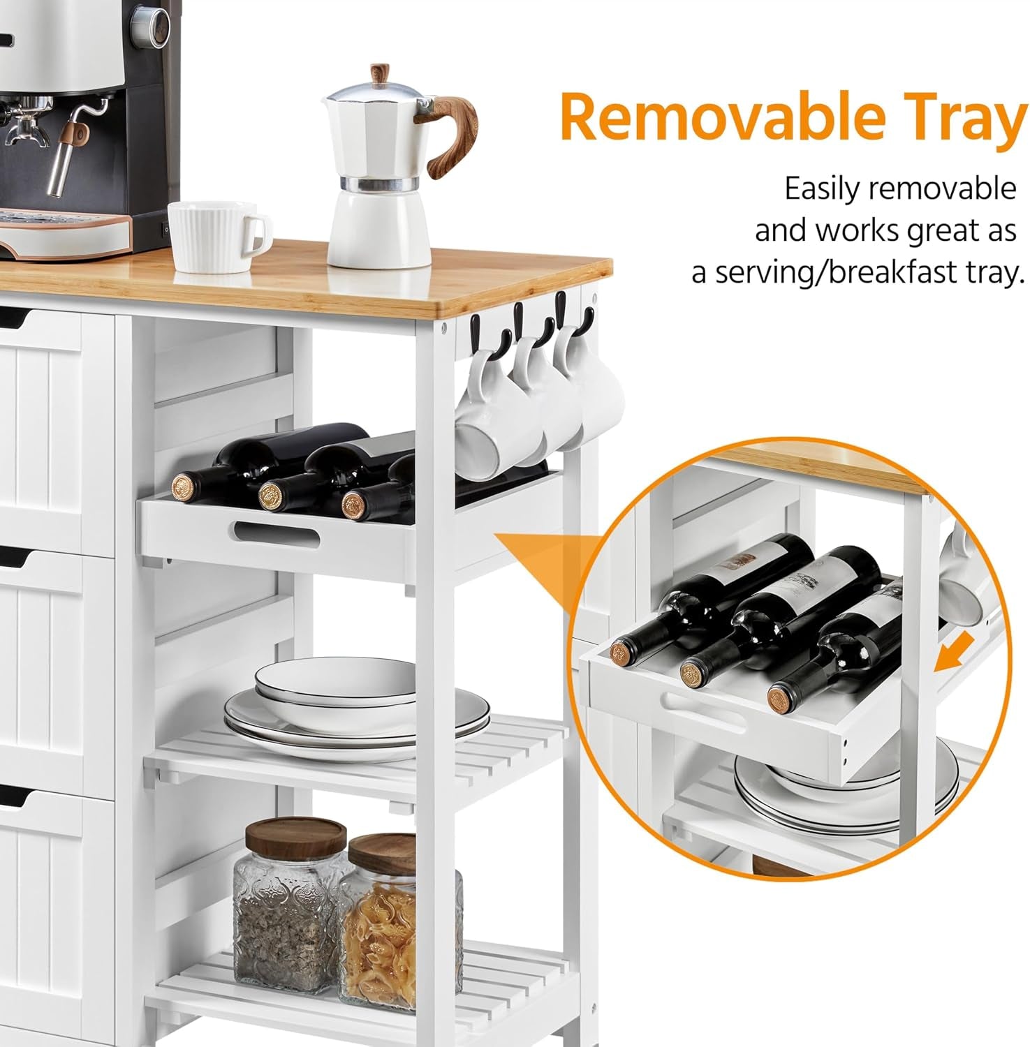 Kitchen Storage Trolley on Wheels, Rolling Kitchen Island Cart with 3 Drawers and 3 Shelves, Mobile Storage Sevring Trolley Cart for Dining Room, Bathroom, Laundry, Living Room, White