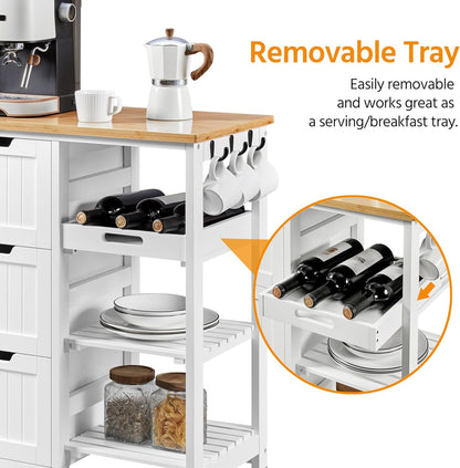 Kitchen Storage Trolley on Wheels, Rolling Kitchen Island Cart with 3 Drawers and 3 Shelves, Mobile Storage Sevring Trolley Cart for Dining Room, Bathroom, Laundry, Living Room, White