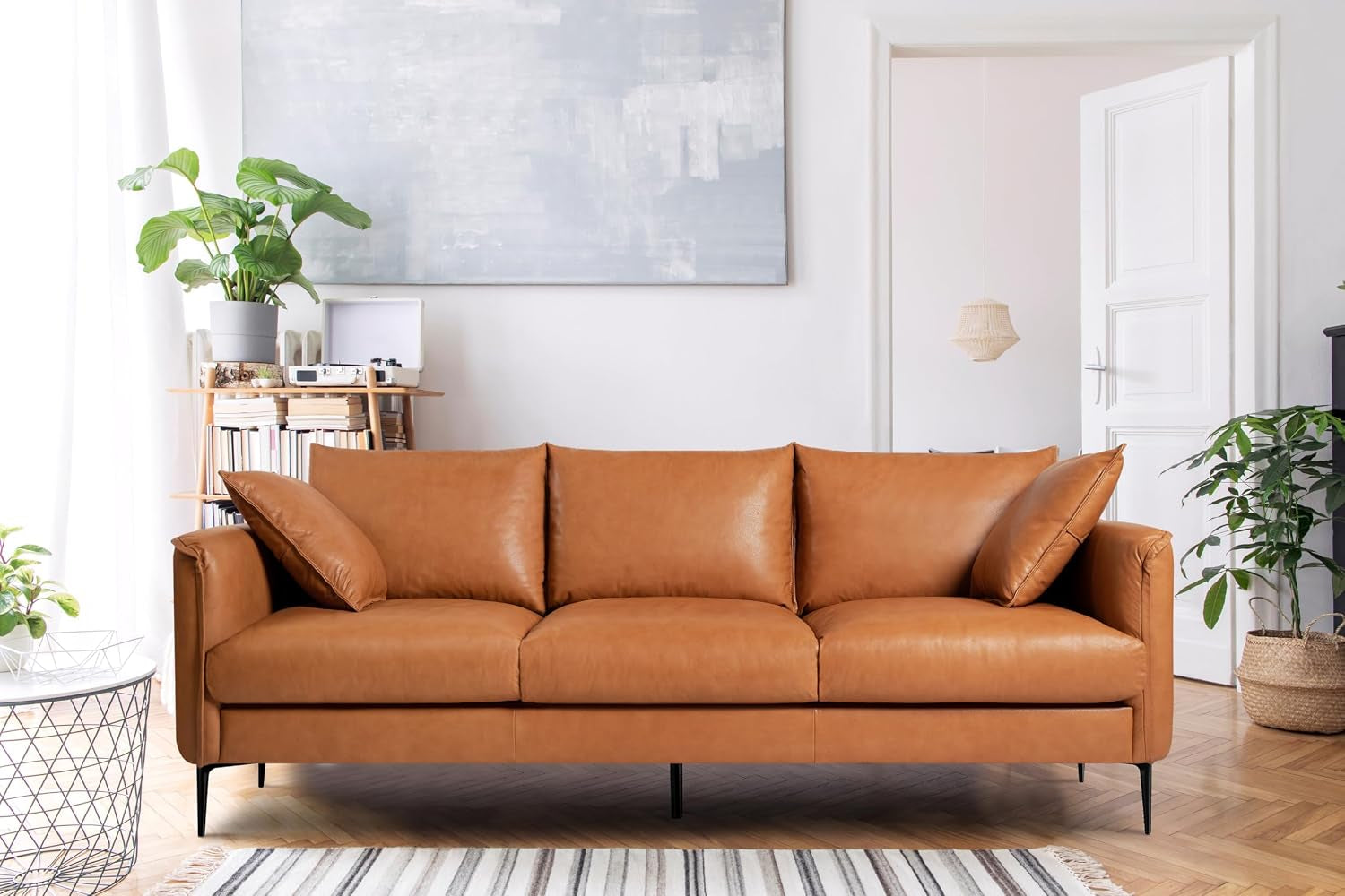 Valencia 3 Seater Leather Sofa, Genuine Leather Contemporary Couch with 2 Pillows, Living Room Furniture Easy to Clean - Jasper