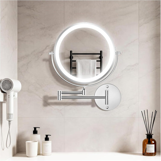 10'' Wall Mounted Makeup Mirror, 5000Mah USB Rechargeable 30X Magnifying Mirror with Tweezer, Double-Sided Shaving Mirrors with 3 Color Lights, 360° Swivel Bathroom Mirrors with Extendable Arm