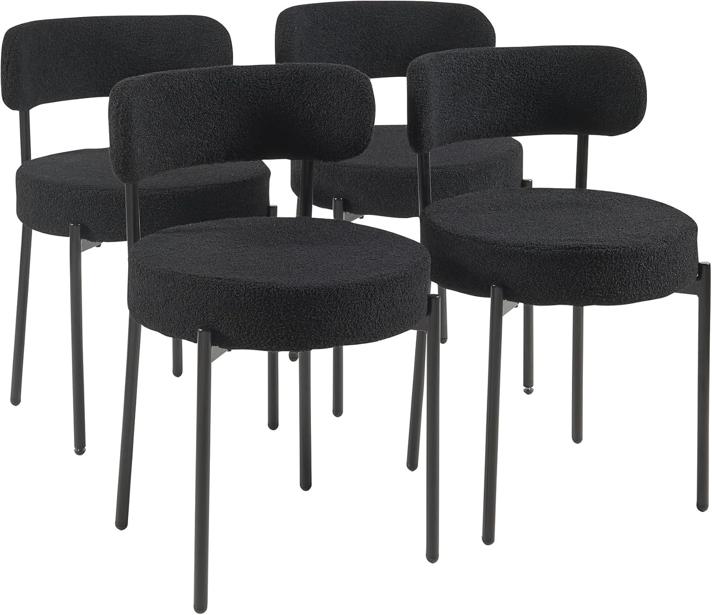 Modern Dining Room Chairs, Mid-Century round Upholstered Boucle Kitchen Dining Chairs with Black Metal Legs (4, Black)