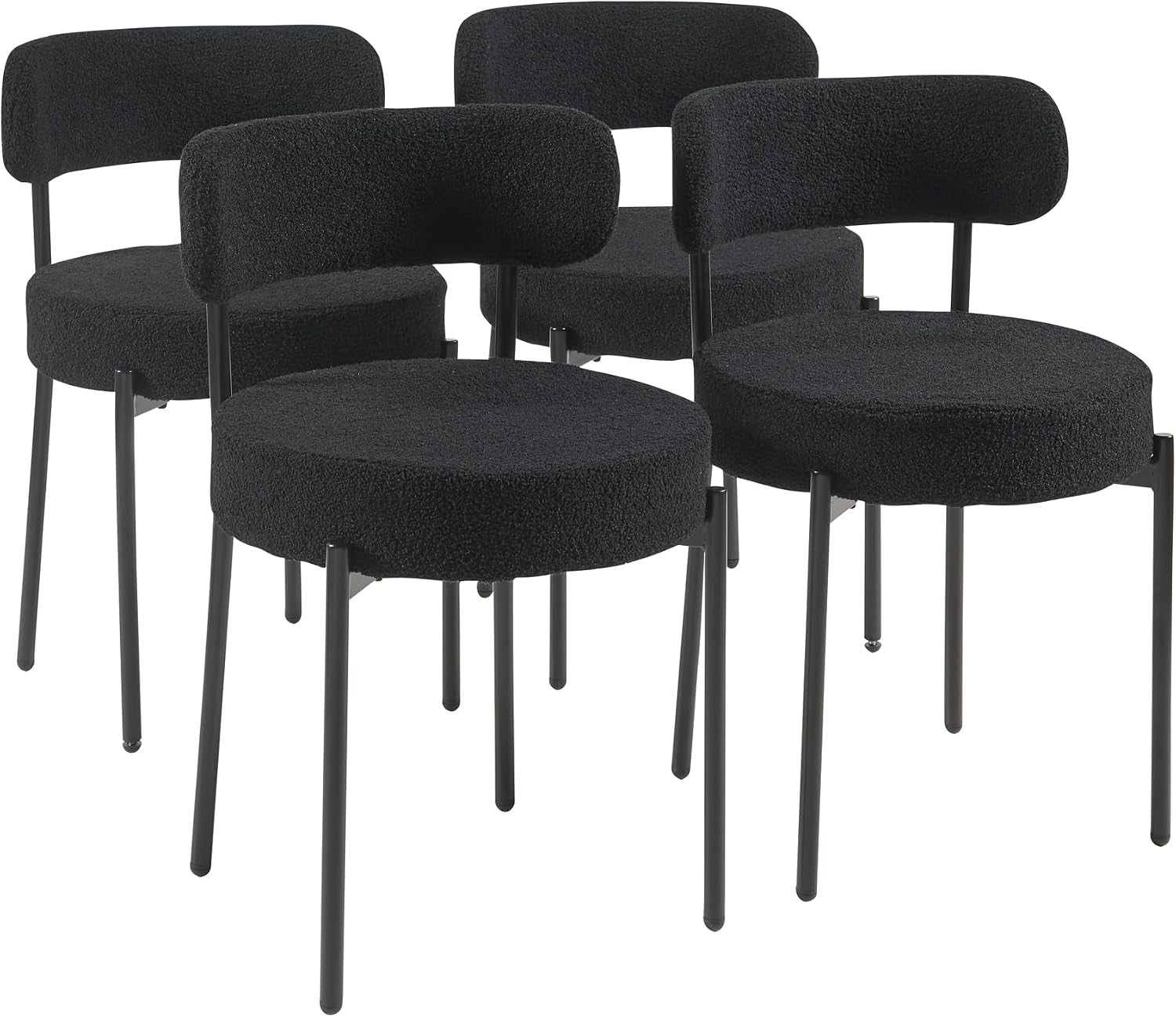Modern Dining Room Chairs, Mid-Century round Upholstered Boucle Kitchen Dining Chairs with Black Metal Legs (4, Black)