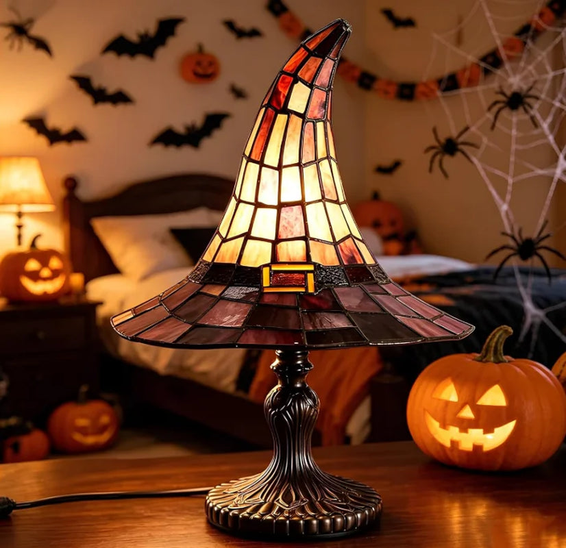 Stained Glass Witch Hat Lamp Magic LED Witch-Hat Lamp USB Creative Table Lamp Night Light for Bedroom Room Decor Halloween