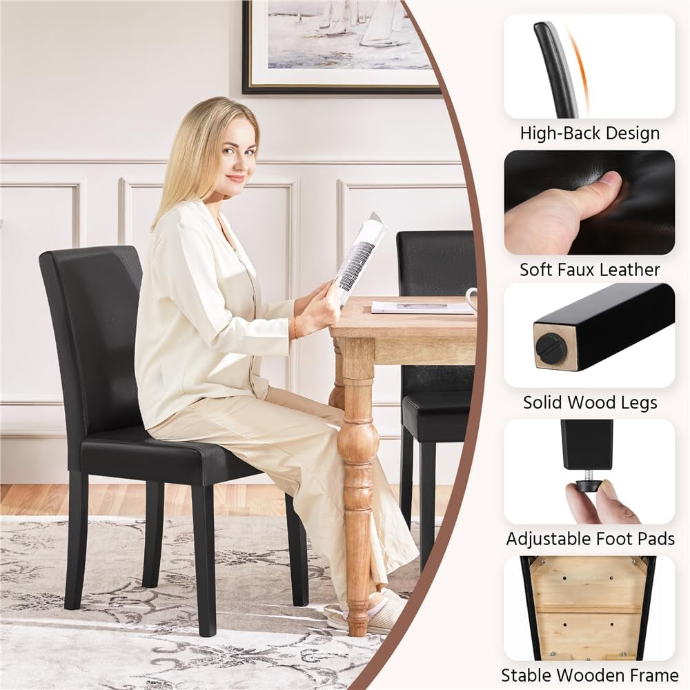 Faux Leather Dining Room Chair Set of 4 with High Back, Black | Upholstered Kitchen Chairs, 10.5Cm Thick Seat Cushion Armless Side Chairs with Solid Wood Legs for Dining Room, Living Room